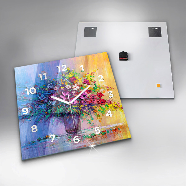 Square glass wall clock Flowers in a vase