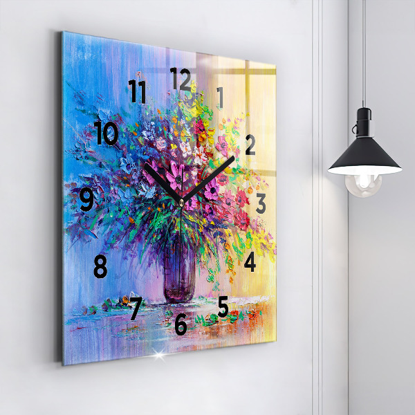 Square glass wall clock Flowers in a vase
