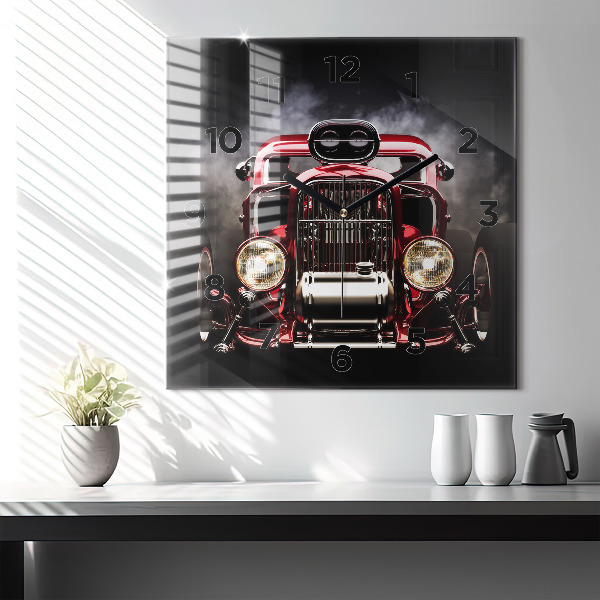 Square glass wall clock Old vintage car