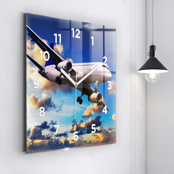 Square glass wall clock Airplane in the clouds