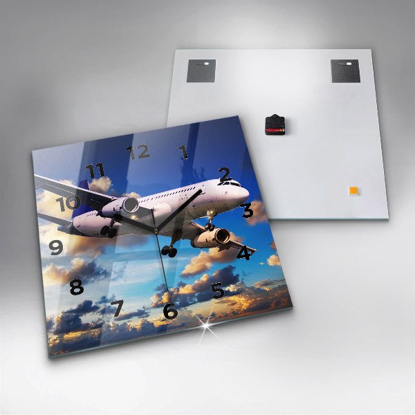 Square glass wall clock Airplane in the clouds