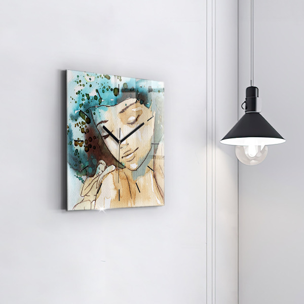 Square glass wall clock Abstraction Woman