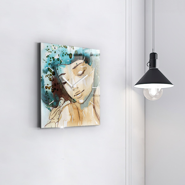 Square glass wall clock Abstraction Woman
