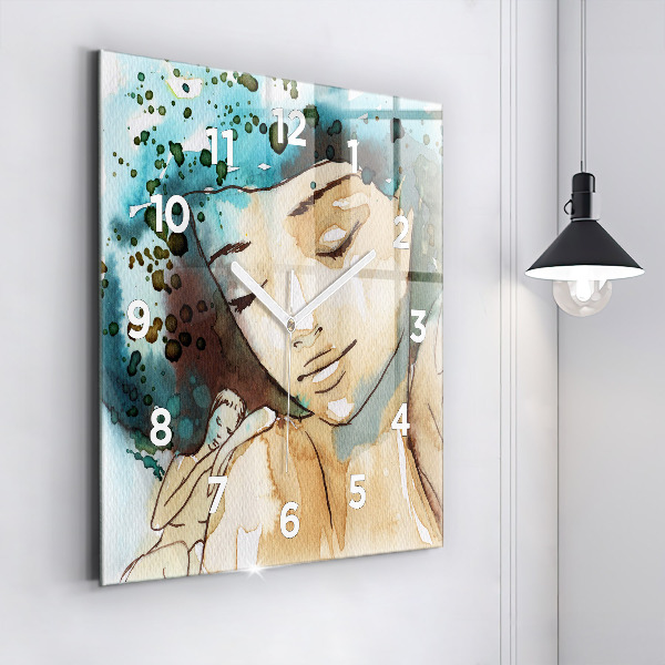 Square glass wall clock Abstraction Woman