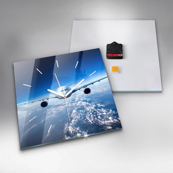 Square glass wall clock Airplane and Clouds