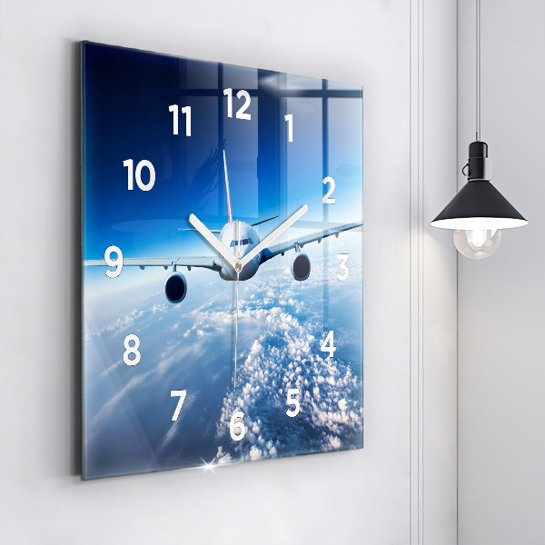 Square glass wall clock Airplane and Clouds