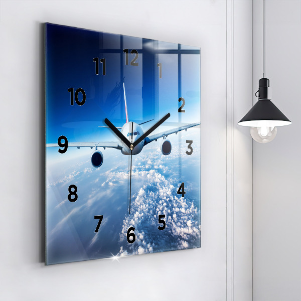 Square glass wall clock Airplane and Clouds