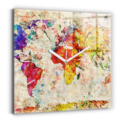 Square glass wall clock Colored world map