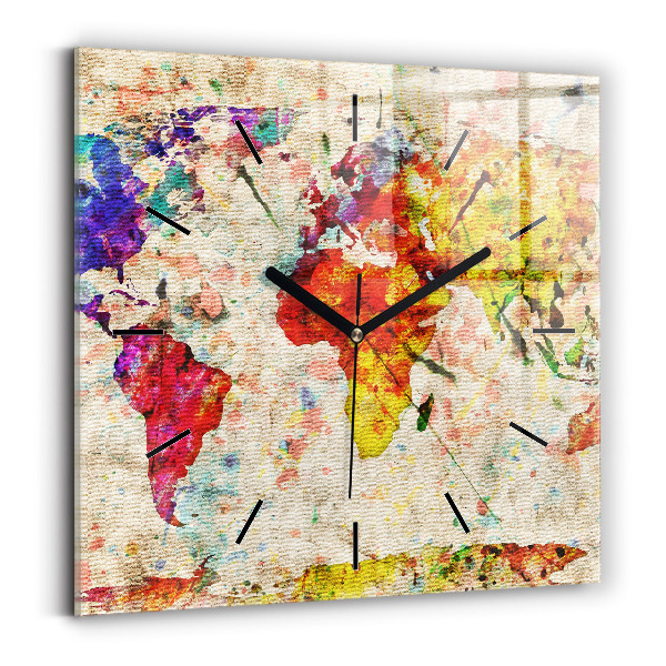 Square glass wall clock Colored world map