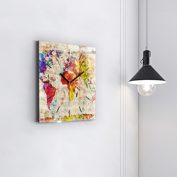 Square glass wall clock Colored world map