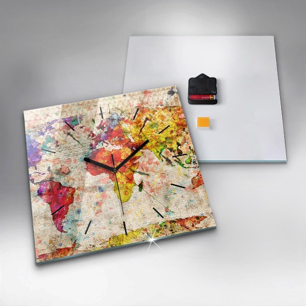 Square glass wall clock Colored world map