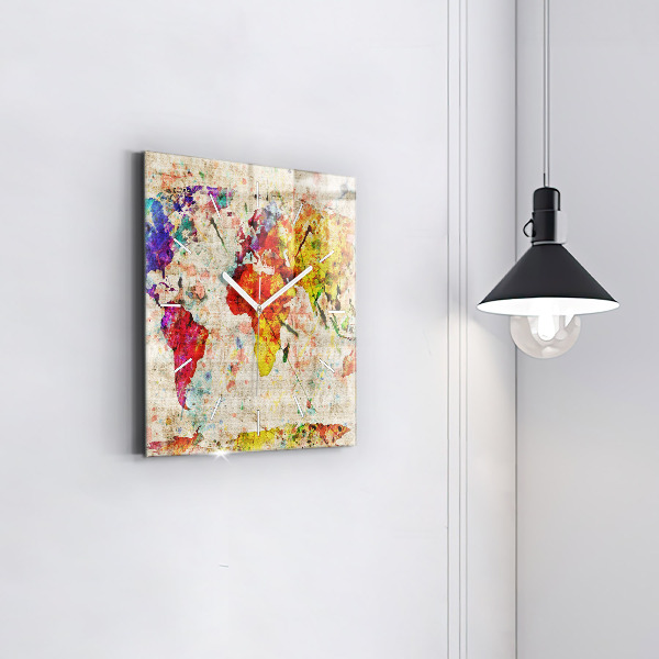 Square glass wall clock Colored world map