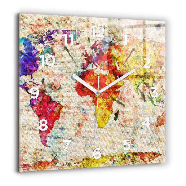 Square glass wall clock Colored world map