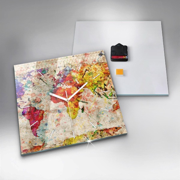 Square glass wall clock Colored world map