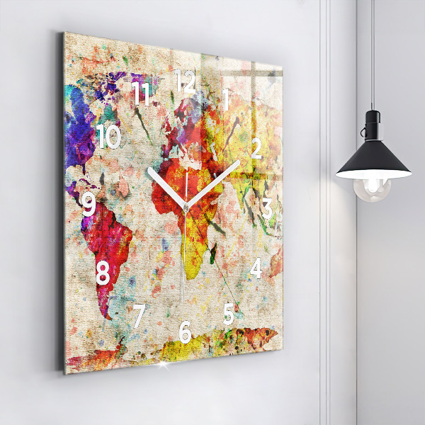 Square glass wall clock Colored world map