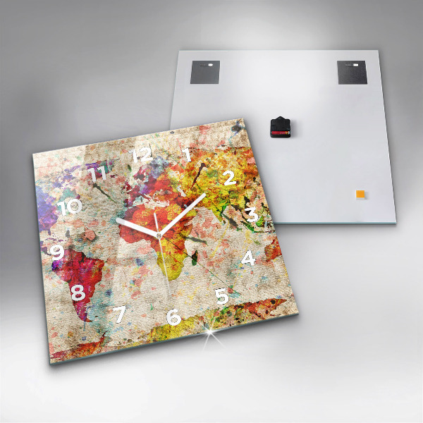 Square glass wall clock Colored world map