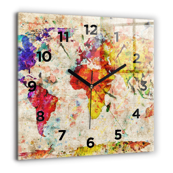Square glass wall clock Colored world map
