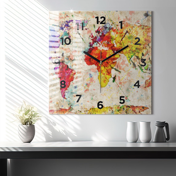 Square glass wall clock Colored world map