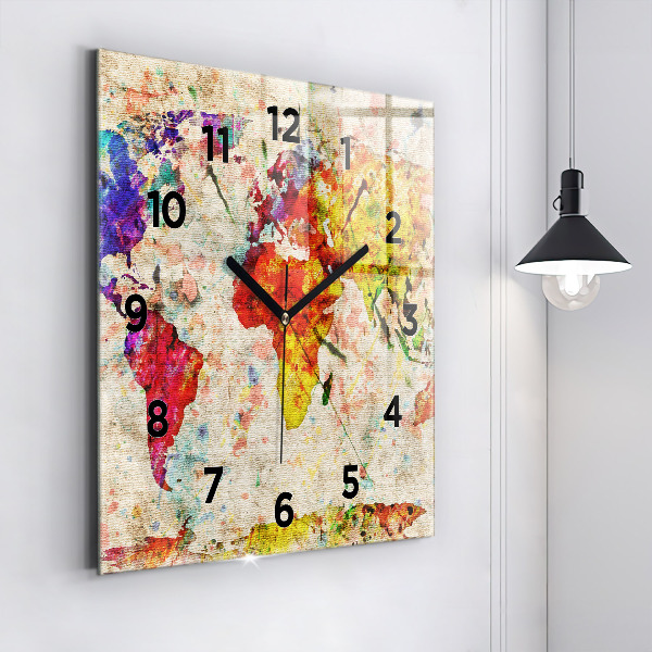 Square glass wall clock Colored world map