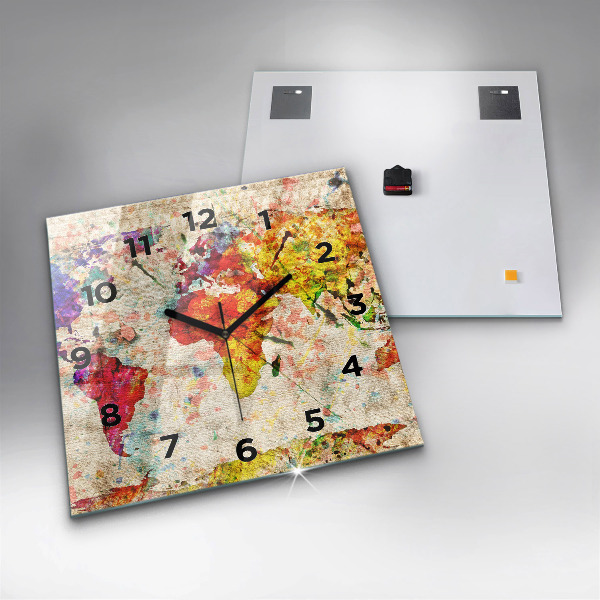 Square glass wall clock Colored world map