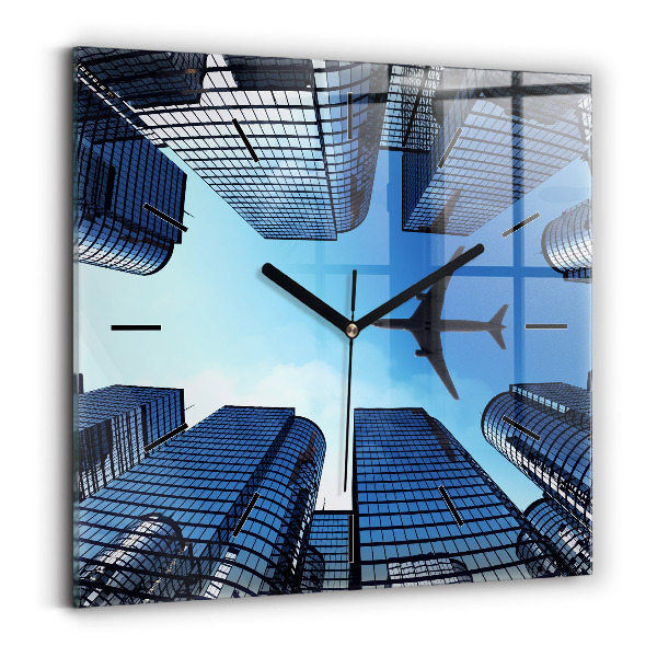 Square glass wall clock Airplane over buildings