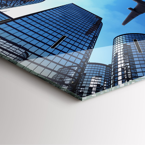 Square glass wall clock Airplane over buildings
