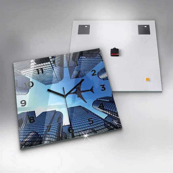 Square glass wall clock Airplane over buildings