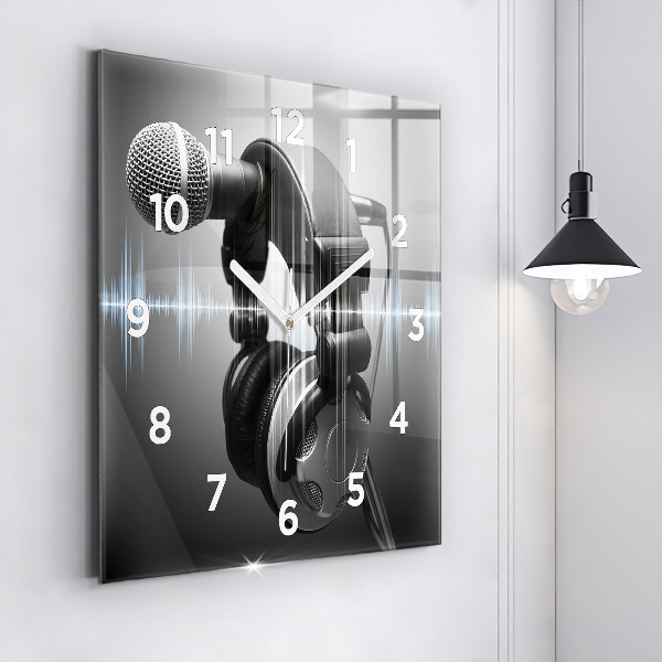 Square glass wall clock Microphone and Headphones