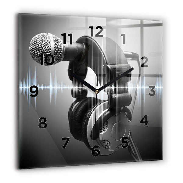 Square glass wall clock Microphone and Headphones