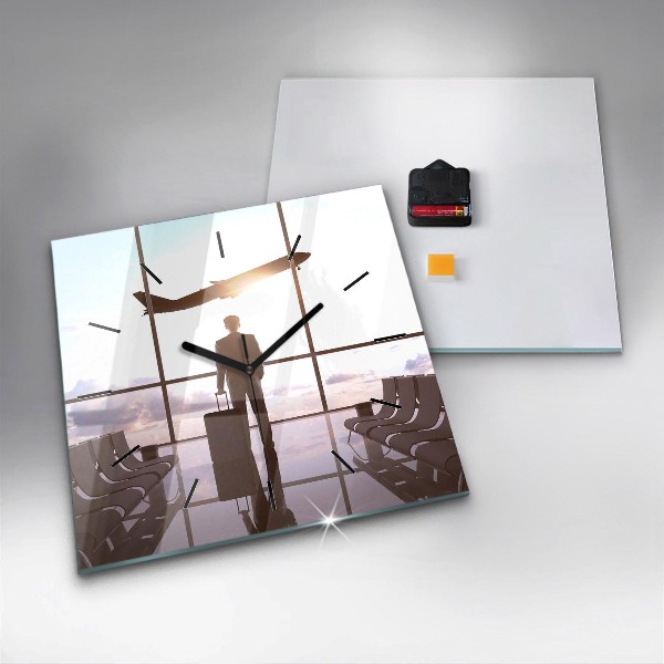 Square glass wall clock Man at the airport