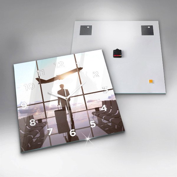 Square glass wall clock Man at the airport