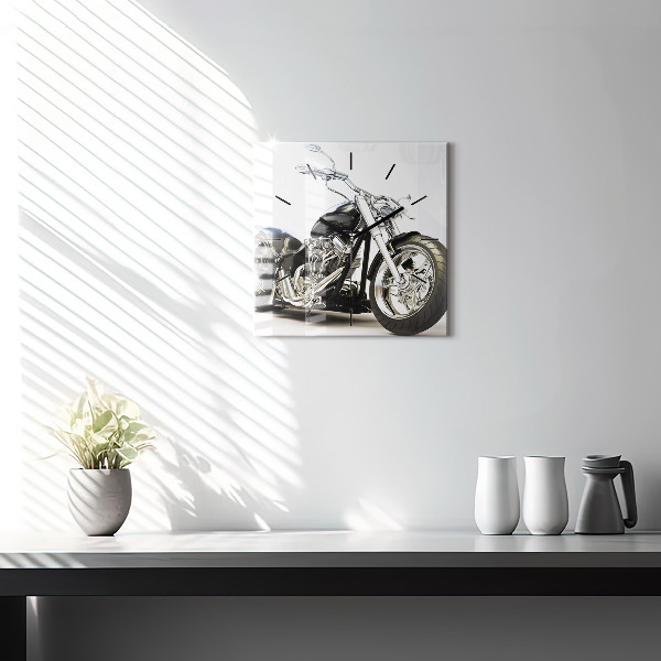 Square glass wall clock Black motorcycle
