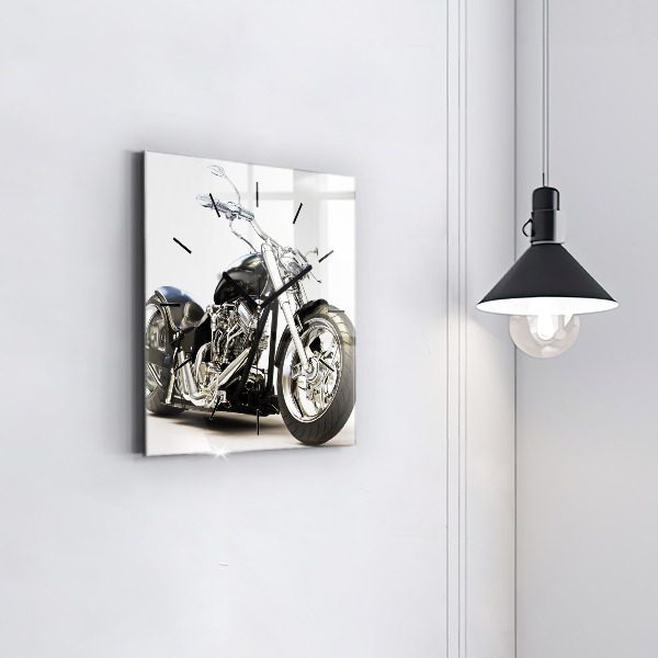 Square glass wall clock Black motorcycle