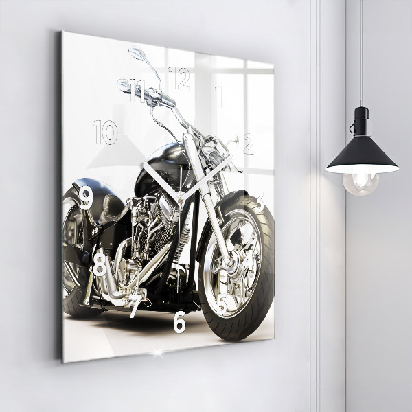 Square glass wall clock Black motorcycle