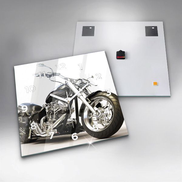 Square glass wall clock Black motorcycle