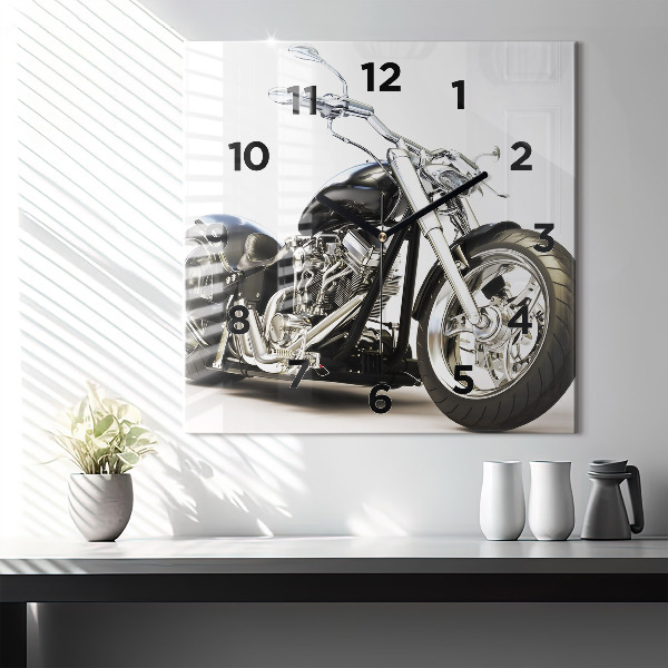 Square glass wall clock Black motorcycle