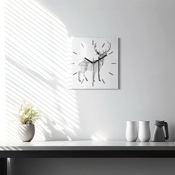 Square glass wall clock Silhouette of a deer Forest