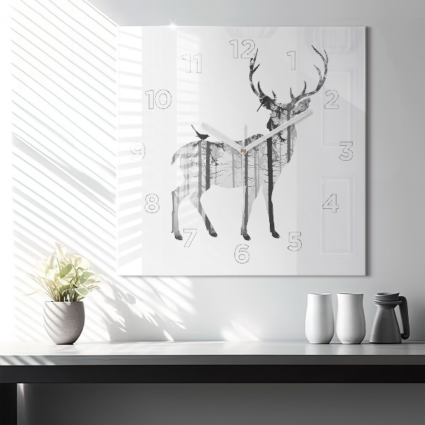 Square glass wall clock Silhouette of a deer Forest