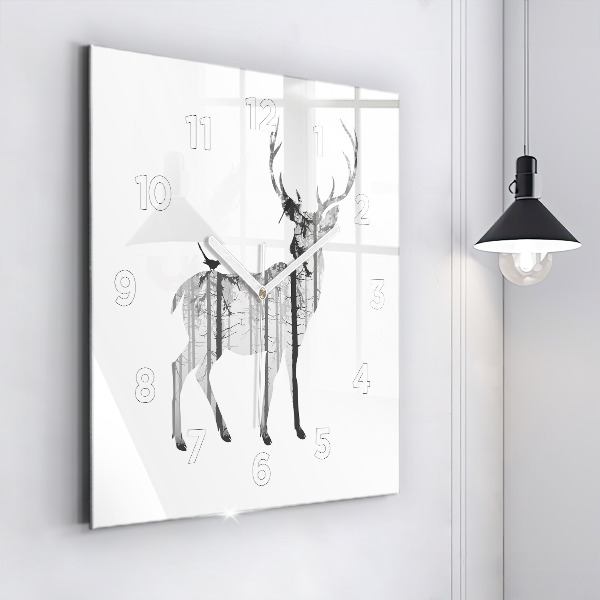 Square glass wall clock Silhouette of a deer Forest