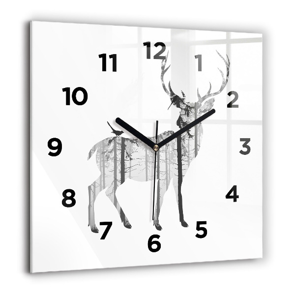 Square glass wall clock Silhouette of a deer Forest