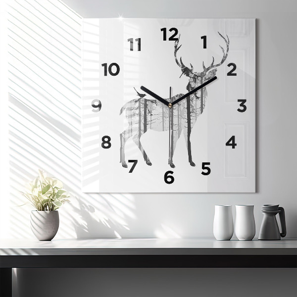 Square glass wall clock Silhouette of a deer Forest