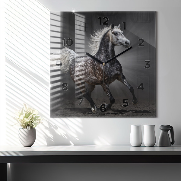 Square glass wall clock Galloping horse