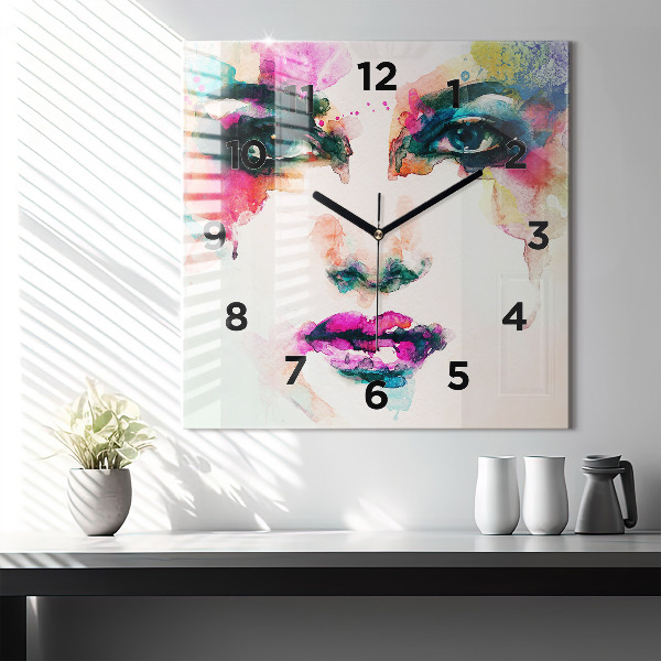 Square glass wall clock Abstract woman face
