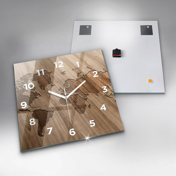 Square glass wall clock World map on wood
