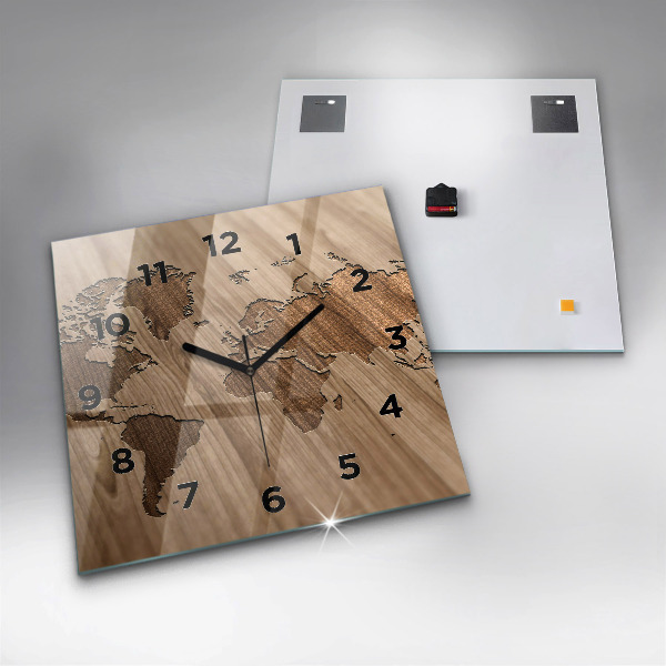 Square glass wall clock World map on wood