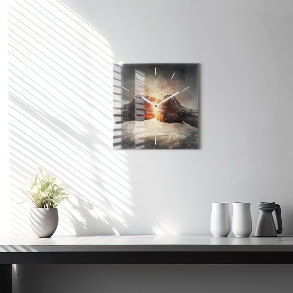 Square glass wall clock Fists Strength Power