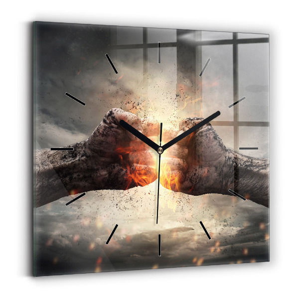 Square glass wall clock Fists Strength Power