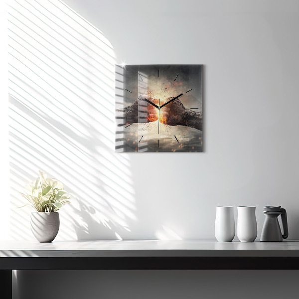 Square glass wall clock Fists Strength Power