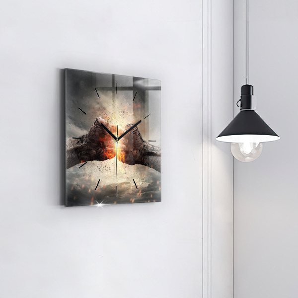 Square glass wall clock Fists Strength Power