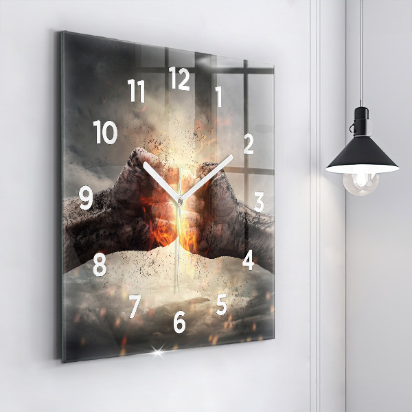 Square glass wall clock Fists Strength Power